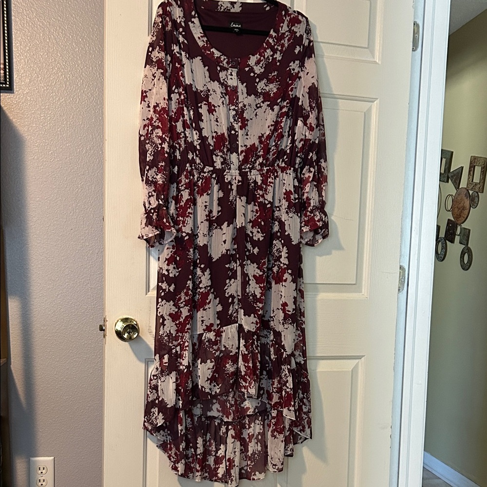 Burgundy and Cream Floral Long Sleeve Dress